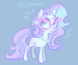 Size: 1704x1408 | Tagged: safe, artist:janegumball, oc, oc only, oc:day dreamer (janegumball), pony, unicorn, big eyes, blue background, blue coat, emanata, eyelashes, female, female oc, glasses, green eyes, green text, horn, jewelry, light blue coat, long mane, long tail, looking up, mare, mare oc, necklace, pearl necklace, ponysona, purple tail, simple background, solo, standing, tail, text, thick horn, three toned mane, two toned tail, unicorn horn, unicorn oc, wavy mane, wavy tail