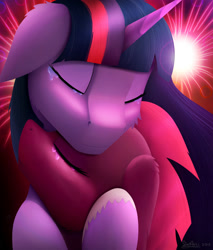 Size: 1700x2000 | Tagged: safe, artist:itssim, tempest shadow, twilight sparkle, pony, unicorn, g4, cheek fluff, crying, cuddling, duo, duo female, ear fluff, eyes closed, female, fireworks, floppy ears, horn, hug, lesbian, mare, nuzzling, ship:tempestlight, shipping, teary eyes, windswept mane