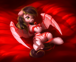 Size: 3417x2783 | Tagged: oc name needed, safe, artist:itssim, oc, oc only, pegasus, pony, belly, bondage, chest fluff, dock, featureless crotch, female, fluffy, hoof heart, lying down, mare, on back, partially open wings, pegasus oc, rope, rope bondage, shibari, solo, tail, underhoof, upside-down hoof heart, wings