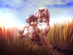 Size: 3840x2895 | Tagged: oc name needed, safe, artist:itssim, oc, oc only, pony, unicorn, zebra, chest fluff, commission, duo, female, field, floppy ears, grass, grass field, high res, horn, looking at each other, looking at someone, one eye closed, outdoors, raised hoof, smiling, smiling at each other, tail, unicorn oc, zebra oc