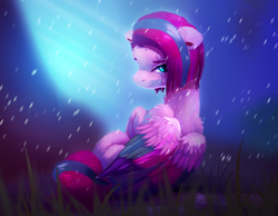 Size: 1985x1544 | Tagged: safe, artist:itssim, zipp storm, pegasus, pony, g5, adorazipp, colored wings, cute, female, folded wings, lacrimal caruncle, looking at you, looking back, looking back at you, mare, multicolored wings, outdoors, rain, sad, sitting, solo, wet, wet mane, wings