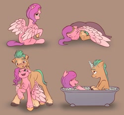 Size: 2478x2299 | Tagged: safe, artist:itssim, hitch trailblazer, pipp petals, earth pony, pegasus, pony, g5, my little pony: a new generation, adorapipp, bathing, bathing together, bathtub, blanket, blushing, brown background, bubble, bubble bath, claw foot bathtub, couple, cuddling, cute, duo, duo male and female, eyes closed, female, floppy ears, happy, high res, hitchbetes, itssim is trying to murder us, looking at each other, looking at someone, love, male, mare, open mouth, open smile, pipp is short, raised hoof, ship:pitch, shipping, shy, simple background, sitting, smiling, spread wings, stallion, straight, tail, unshorn fetlocks, wholesome, wing blanket, winghug, wings