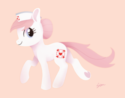 Size: 1400x1100 | Tagged: safe, artist:sion, nurse redheart, earth pony, pony, g4, female, frog (hoof), heart, heart eyes, mare, pink background, running, signature, simple background, solo, underhoof, wingding eyes