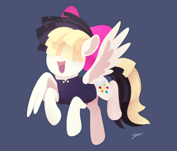 Size: 1400x1200 | Tagged: safe, artist:sion, songbird serenade, pegasus, pony, g4, blue background, hair over eyes, open mouth, open smile, signature, simple background, smiling, solo, spread wings, wings