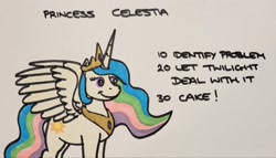 Size: 2048x1169 | Tagged: safe, artist:hoofclid, princess celestia, alicorn, pony, g4, cake, cakelestia, female, food, mare, marker drawing, programming, redraw, smiling, solo, spread wings, text, traditional art, wings