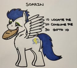 Size: 2048x1798 | Tagged: safe, artist:hoofclid, soarin', pegasus, pony, g4, chest fluff, food, male, marker drawing, mouth hold, pie, programming, redraw, solo, spread wings, stallion, text, that pony sure does love pies, traditional art, wings