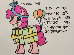 Size: 2048x1536 | Tagged: safe, artist:hoofclid, pinkie pie, earth pony, pony, g4, balloon, balloon animal, female, grin, looking at you, mare, marker drawing, phoenician, pinkie being pinkie, present, redraw, smiling, smiling at you, solo, stallion, text, traditional art