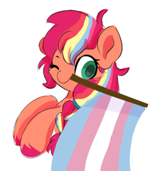 Size: 656x720 | Tagged: safe, artist:skylinepony_, sunny starscout, earth pony, pony, g5, colored pupils, cute, female, green pupils, hoof hold, mane stripe sunny, mouth hold, one eye closed, pride, pride flag, simple background, solo, transgender pride flag, white background