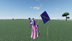 Size: 1858x1057 | Tagged: safe, starlight glimmer, pony, unicorn, g4, cloud, female, field, game screencap, horn, kite, long legs, roblox, sky, solo, that pony sure does love kites, tree, twisted (game)