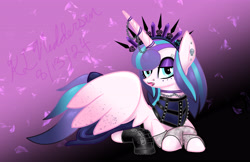 Size: 5100x3300 | Tagged: safe, artist:kelseyleah, princess flurry heart, alicorn, pony, g4, chains, clothes, crown, ear piercing, earring, eyeshadow, female, goth, gradient background, jewelry, lip piercing, lipstick, looking at you, lying down, makeup, mare, nose piercing, older, older flurry heart, piercing, princess emo heart, prone, regalia, signature, solo, wings