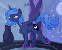 Size: 2474x1989 | Tagged: safe, artist:rayelli, derpibooru exclusive, princess luna, alicorn, pony, g4, bed, blushing, castle, chest fluff, clothes, cute, female, flag, lunabetes, mare, morning, s1 luna, sleepy, slippers, solo, spread wings, standing on three hooves, stretching, teary eyes, text, thought bubble, vase, waking up, wings