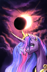 Size: 1229x1864 | Tagged: safe, artist:not-ordinary-pony, derpibooru exclusive, twilight sparkle, alicorn, g4, bust, crepuscular rays, eclipse, female, glowing, glowing eyes, glowing mane, mare, older, older twilight, older twilight sparkle (alicorn), portrait, princess twilight 2.0, sad, solar eclipse, solo, twilight sparkle (alicorn)