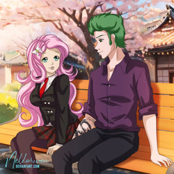 Size: 1920x1920 | Tagged: safe, artist:neldorwen, fluttershy, spike, human, g4, anime, clothes, commission, commissioner:beef--wellington, digital art, duo, duo male and female, fanart, fanfic art, female, human spike, humanized, male, older, older spike, romance, romantic, school uniform, schoolgirl, ship:flutterspike, shipping, story:the life and times of the equestrian dragon, straight, teenage spike, teenager