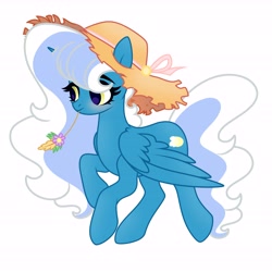 Size: 6890x6890 | Tagged: safe, artist:riofluttershy, oc, oc only, oc:fleurbelle, alicorn, pony, alicorn oc, bow, female, flying, hat, horn, mare, pink bow, simple background, solo, straw hat, straw in mouth, tail, two toned hair, two toned mane, two toned tail, white background, wings, yellow eyes