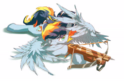 Size: 2100x1400 | Tagged: safe, artist:bright banner, artist:黑白星, oc, oc only, oc:bright banner, pegasus, pony, crossbow, get down, hide, male, male oc, meme, pegasus oc, shooting, simple background, solo, weapon, white background