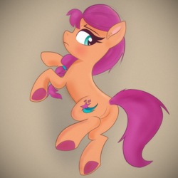 Size: 1500x1500 | Tagged: safe, artist:psfmer, sunny starscout, earth pony, pony, g5, blushing, butt, female, gray background, looking at you, lying down, mare, on side, plot, simple background, solo, sunny starbutt, underhoof