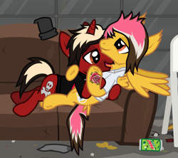 Size: 1656x1472 | Tagged: safe, artist:lightningbolt, derpibooru exclusive, part of a set, pegasus, pony, unicorn, .svg available, alex gaskarth, all time low, butt fluff, cheek fluff, clothes, couch, cuddling, drink, duo, duo male, dyed mane, dyed tail, ear fluff, ear piercing, facial hair, gay, hoof fluff, horn, hug, jack barakat, licking, licking chest, lidded eyes, lying down, male, messy mane, messy room, on back, partially open wings, piercing, ponified, prone, shipping, shirt, short sleeves, show accurate, smiling, smirk, soda can, stallion, svg, t-shirt, tail, tail feathers, tattoo, tongue out, vector, wing fluff, wings