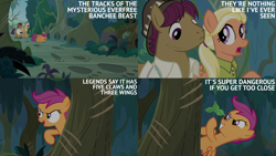 Size: 2000x1125 | Tagged: safe, edit, edited screencap, editor:quoterific, screencap, mane allgood, scootaloo, snap shutter, g4, the last crusade, everfree forest, trio