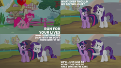 Size: 2000x1125 | Tagged: safe, edit, edited screencap, editor:quoterific, screencap, pinkie pie, rarity, twilight sparkle, earth pony, pony, unicorn, g4, it's about time, season 2, balloon, bridge, female, fence, heart, heart balloon, mare, ponyville, run for your lives, trio, trio female, unicorn twilight