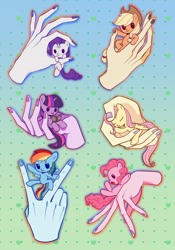 Size: 2778x3973 | Tagged: safe, artist:nimingxiwang168, applejack, fluttershy, pinkie pie, rainbow dash, rarity, twilight sparkle, earth pony, human, pegasus, pony, unicorn, g4, book, chibi, cute, dashabetes, diapinkes, disembodied hand, female, gradient background, hand, holding a pony, horn, in goliath's palm, jackabetes, mane six, mare, patterned background, pentagram, raribetes, shyabetes, size difference, tiny, tiny ponies, twiabetes