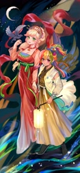 Size: 2362x5080 | Tagged: safe, artist:卯卯七, applejack, rainbow dash, bird, human, g4, bell, blushing, breasts, cleavage, clothes, dress, duo, female, hairclip, hanfu, headdress, holding hands, humanized, jewelry, lantern, lesbian, looking at you, moon, necklace, paper lantern, ponytail, ribbon, robe, ship:appledash, shipping, smiling, smiling at you, stars, winged humanization, wings