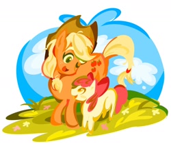 Size: 1708x1457 | Tagged: safe, artist:yurigirlsies, apple bloom, applejack, earth pony, pony, g4, apple sisters, cloud, female, filly, foal, grass, mare, one eye closed, open mouth, outdoors, siblings, sisters, smiling, wink