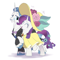 Size: 3000x3000 | Tagged: safe, artist:wangmiaomiaomengdaidai, fancypants, rarity, pony, unicorn, g4, clothes, dress, duo, duo male and female, eyes closed, female, hat, horn, male, mare, monocle, open mouth, simple background, smiling, stallion, unshorn fetlocks, white background