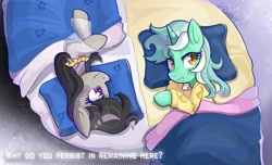 Size: 1619x985 | Tagged: safe, artist:rlabbiy, lyra heartstrings, octavia melody, earth pony, pony, unicorn, g4, clothes, duo, duo female, female, futon, horn, implied lesbian, implied lyrabon, implied scratchtavia, implied shipping, lying down, on side, pajamas, pillow, text