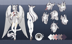 Size: 4433x2700 | Tagged: safe, artist:blackblood-queen, oc, oc:yiazmat, draconequus, anthro, feathered wings, grin, horn, horns, hypno eyes, hypnosis, kaa eyes, male, paw pads, paws, reference sheet, smiling, surprised, tail, tongue out, tooth, wings