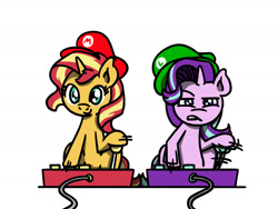 Size: 1800x1350 | Tagged: safe, artist:flutterluv, starlight glimmer, sunset shimmer, pony, unicorn, g4, arcade stick, cap, cute, duo, duo female, female, glimmerbetes, hat, horn, luigi's hat, mario hat, mario's hat, shimmerbetes, simple background, super mario bros., white background