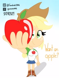 Size: 2400x3200 | Tagged: safe, artist:gordodel2006, applejack, human, equestria girls, g4, my little pony equestria girls: better together, apple, applejack's hat, cowboy hat, female, food, gradient background, hat, high res, solo