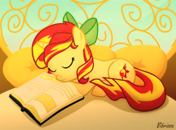 Size: 3707x2750 | Tagged: safe, artist:vibrissa, sunset shimmer, pony, unicorn, g4, book, bow, female, filly, filly sunset shimmer, foal, hair bow, horn, sleeping, solo, younger