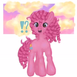 Size: 2029x2053 | Tagged: safe, artist:twipiebongrip, pinkie pie, earth pony, pony, g4, curly mane, exclamation point, interrobang, open mouth, open smile, pink coat, question mark, smiling, solo