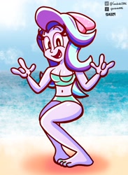 Size: 1674x2286 | Tagged: safe, artist:gordodel2006, starlight glimmer, human, equestria girls, g4, barefoot, beach, beanie, belly, belly button, bikini, clothes, feet, female, hat, solo, swimsuit