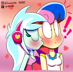 Size: 2376x2365 | Tagged: safe, artist:gordodel2006, bon bon, lyra heartstrings, sweetie drops, human, equestria girls, g4, blushing, cheek kiss, female, flag background, gradient background, heart, high res, kissing, lesbian, lesbian pride flag, pride, pride flag, ship:lyrabon, shipping