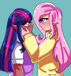 Size: 2550x2745 | Tagged: safe, artist:mylittleyuri, fluttershy, twilight sparkle, human, g4, bangs, blue background, blushing, clothes, colored eyebrows, dark skin, duo, elf ears, eye clipping through hair, eyebrows, eyebrows visible through hair, eyelashes, female, half body, hands on cheeks, high res, humanized, lesbian, long eyelashes, looking at each other, looking at someone, narrowed eyes, profile, ship:twishy, shipping, shirt, signature, simple background, smiling, smiling at each other, sweater, sweater vest, sweatershy