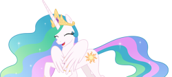 Size: 1782x800 | Tagged: artist needed, safe, princess celestia, alicorn, pony, g4, cute, female, giggling, hug, mare, self hug, self-hugging, show accurate, simple background, smiling, solo, transparent, transparent background, vector, winghug, wings