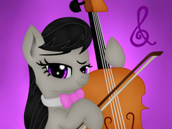 Size: 1024x768 | Tagged: safe, artist:jon080, octavia melody, earth pony, pony, g4, cello, female, gradient background, looking at you, mare, musical instrument, neck bow, smiling, smiling at you, solo