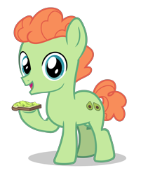 Size: 2220x2760 | Tagged: artist needed, safe, shuffle step, earth pony, pony, g4, avocado toast, bread, colt, foal, food, looking at you, male, open mouth, open smile, shadow, show accurate, simple background, smiling, smiling at you, solo, standing, standing on three hooves, toast, transparent background, vector