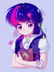 Size: 1080x1440 | Tagged: safe, artist:erye037249, twilight sparkle, human, g4, blue background, book, book of harmony, humanized, simple background, solo