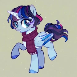 Size: 1024x1024 | Tagged: safe, artist:number, oc, oc:artemis sparkle, unnamed oc, alicorn, alicorn oc, clothes, female, fusion, fusion:twilight sparkle, fusion:wolf blake, horn, looking at you, scarf, smiling, smiling at you, striped wings, wings