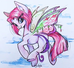 Size: 960x881 | Tagged: oc name needed, source needed, safe, artist:dethscript, oc, oc only, pony, butterfly wings, cloud, colored pencil drawing, concave belly, eye clipping through hair, eyebrows, eyebrows visible through hair, female, female oc, flying, looking at you, mare, mare oc, side view, sky, smiling, solo, traditional art, wings