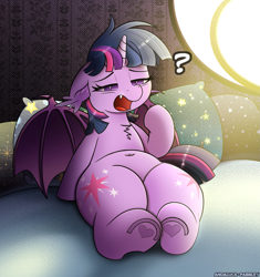 Size: 1833x1947 | Tagged: safe, artist:andaluce, artist:pabbley, twilight sparkle, alicorn, bat pony, bat pony alicorn, pony, g4, bat ponified, bat wings, bed, bed mane, belly, belly button, chest fluff, chubby, cute, fangs, fat, female, floppy ears, hoof heart, horn, lidded eyes, lying down, mare, on back, on bed, open mouth, question mark, race swap, sleeping, sleepy, solo, transformation, twiabetes, twibat, twilight sparkle (alicorn), underhoof, upside-down hoof heart, waking up, wide hips, wings, yawn