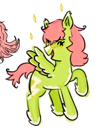 Size: 801x1024 | Tagged: safe, artist:twipiebongrip, oc, oc only, pegasus, pony, green coat, open mouth, open smile, pegasus oc, pink mane, pink tail, raised hoof, smiling, solo, tail