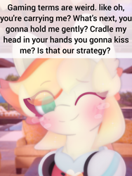 Size: 3034x4045 | Tagged: safe, artist:sodapop sprays, oc, oc only, oc:sodapop sprays, pegasus, pony, blushing, clothes, ear fluff, eye clipping through hair, freckles, headphones, irl background, jacket, looking at you, meme, one eye closed, smiling, solo, text, wink, winking at you