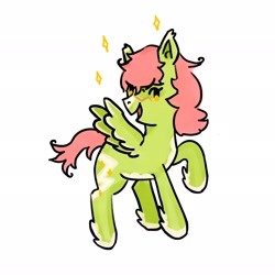 Size: 2048x2048 | Tagged: safe, artist:twipiebongrip, oc, oc only, pegasus, pony, green coat, open mouth, open smile, pegasus oc, pink mane, pink tail, raised hoof, simple background, smiling, solo, tail, white background