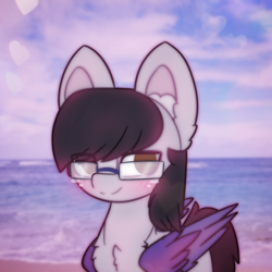 Size: 1500x1500 | Tagged: safe, artist:sodapop sprays, oc, oc only, oc:bored dumbass, pegasus, pony, beach, blushing, chest fluff, colored wings, ear fluff, glasses, ocean, solo, water, wings