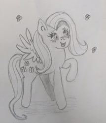 Size: 1765x2048 | Tagged: safe, artist:twipiebongrip, pegasus, pony, female, mare, pencil drawing, raised hoof, sketch, smiling, solo, traditional art