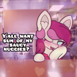 Size: 2664x2664 | Tagged: safe, artist:sodapop sprays, part of a set, roseluck, earth pony, pony, series:roseluck can't catch a break, g4, blushing, clothes, ear fluff, flirting, looking at you, one eye closed, part of a series, series, solo, uniform, wendy's, wink