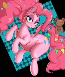 Size: 1700x2000 | Tagged: safe, artist:dominismortis, pinkie pie, earth pony, pony, g4, :p, abstract background, butt, candy, confetti, female, food, large butt, lidded eyes, lollipop, mare, older, older pinkie pie, plot, plushie, smiling, teddy bear, tongue out